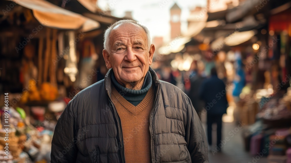 Elderly man traveling solo in Marrakech, Morocco, exploring markets and cultural landmarks Elderly man traveling solo in Marrakech, Morocco, exploring markets and cultural landmarks