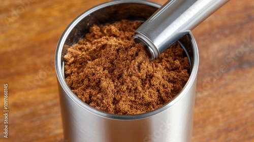 Wallpaper Mural Close-up of a container filled with finely ground brown substance, likely coffee. Torontodigital.ca