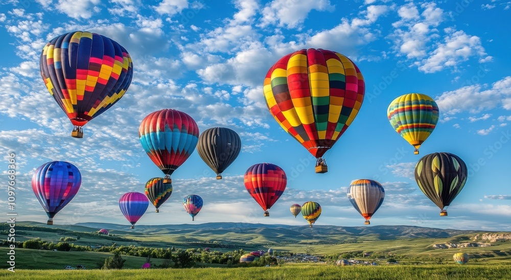 Fototapeta premium Vibrant Hot Air Balloons Soaring in a Bright Blue Sky Over Rolling Green Hills Under a Scenic Cloudy Horizon at a Colorful Balloon Festival