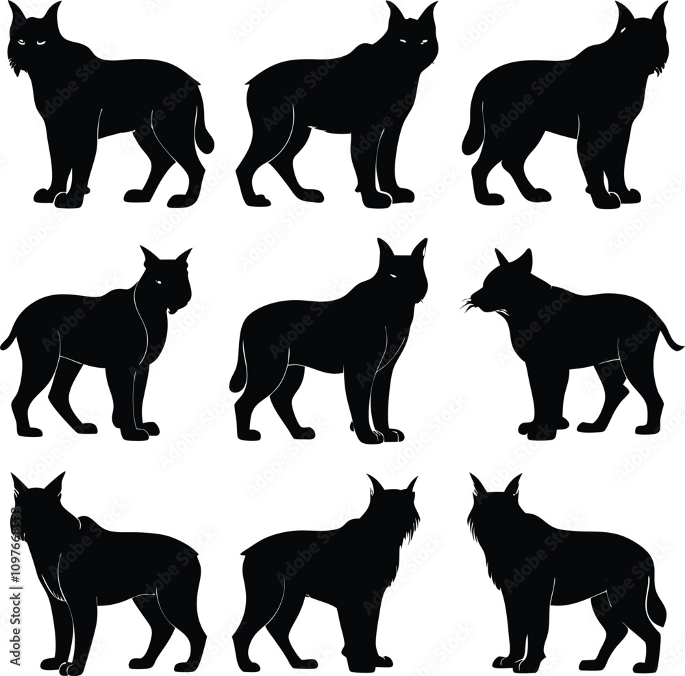 Fototapeta premium Black Silhouette Lynx Illustration: Wild Cat Vector Graphics, Wildlife Art, Feline Animal Design, Mammal Icon, Nature Clipart
