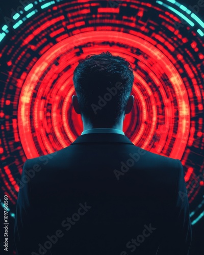 A silhouette of a man in a suit stands before a vibrant, circular digital display, radiating red and blue light, suggesting themes of technology and innovation. photo