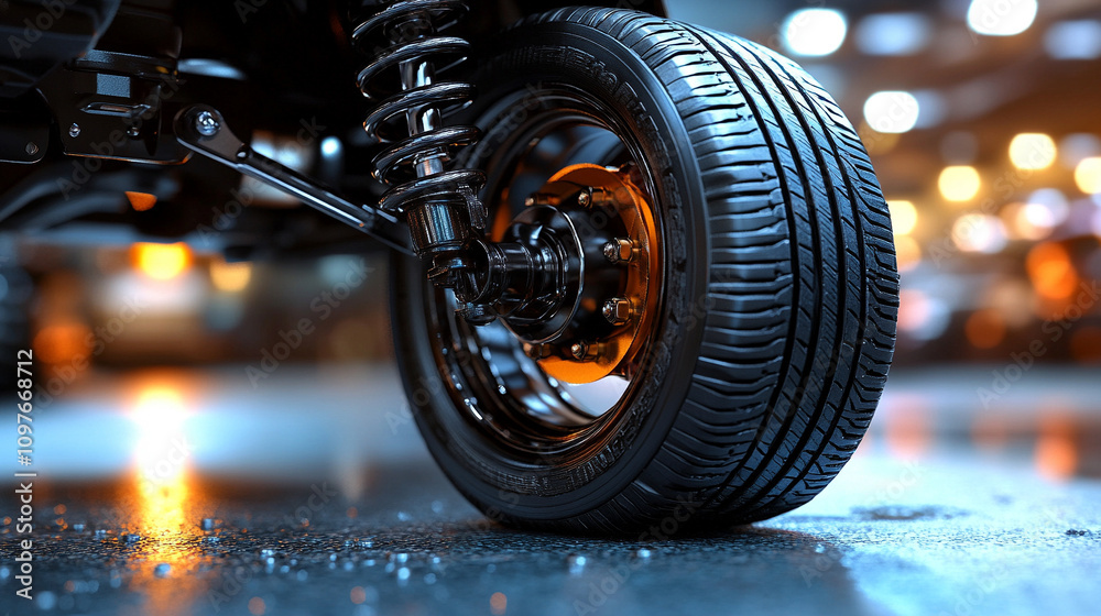 Fototapeta premium detailed view of a car's suspension system, highlighting the mechanics and engineering precision, showcasing the vehicle's structural components and stability, emphasizing automotive craftsmanship