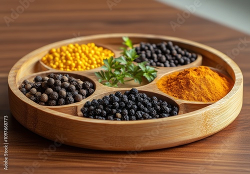 Vibrant Selection of Spices and Herbs in a Bamboo Tray on a Wooden Surface, Showcasing Colorful Ingredients for Culinary Creativity and Flavor Enhancement