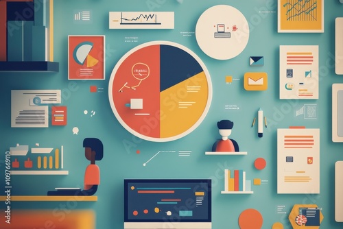 Colorful and Creative Flat Lay of Business Analysis Tools and Graphics with Charts, Reports, and Devices for Modern Digital Marketing and Data Evaluation