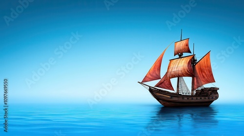 Majestic Vintage Sailing Ship with Billowing Red Sails Gliding Serenity on Calm Azure Waters in a Clear Blue Sky photo