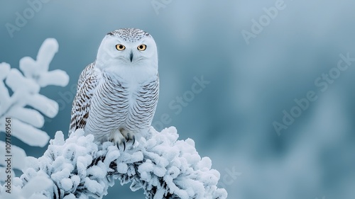 Snowy owl on frosty branch in winter setting