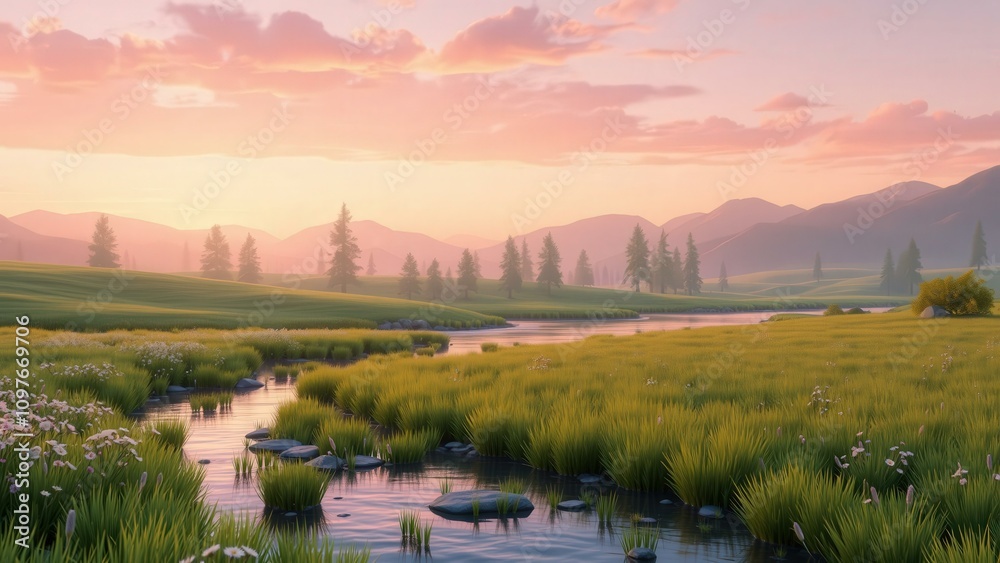 Fototapeta premium Serene Sunset Meadow Landscape: Perfect for Wall Art, Desktop Backgrounds, and Calming Decor
