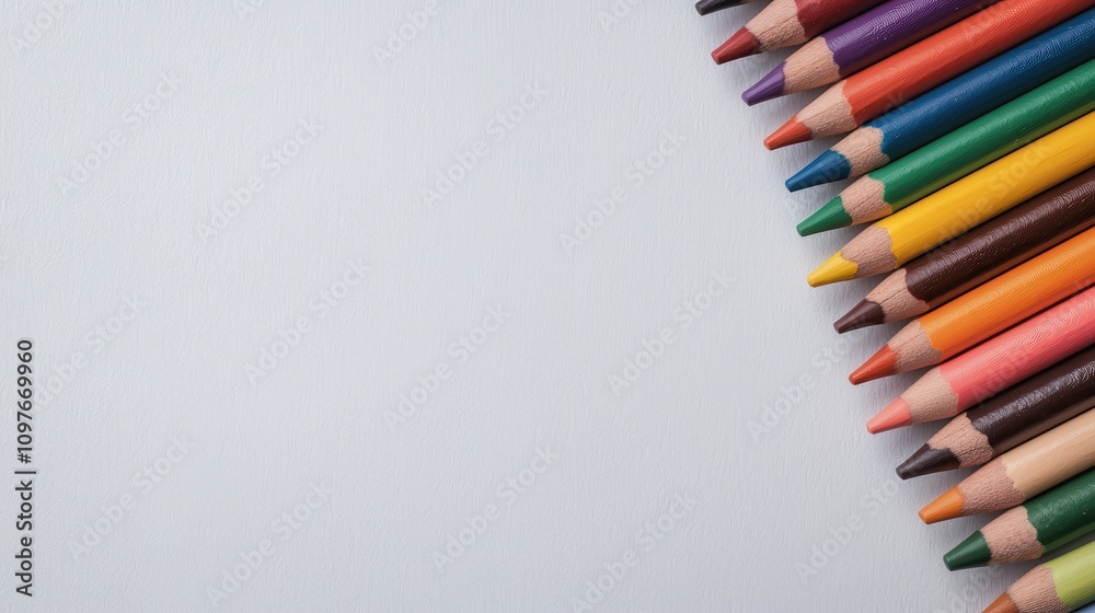 Fototapeta premium Colorful Crayons Laying on a Blank Surface Ready for Creative Artistic Expression, Ideal for Children’s Artwork and Craft Projects with Space for Drawing