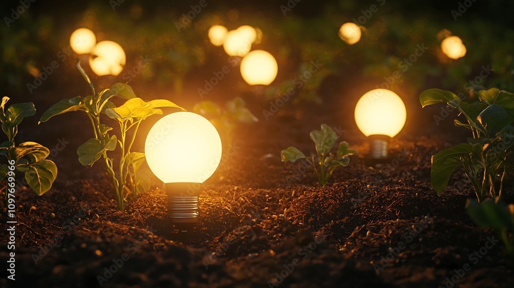 Conceptual design showcasing sustainability with light bulbs planted in dark soil glowing under golden sunlight and surrounded by young growing plants with a bokeh effect in the background Conceptual design showcasing sustainability with light bulbs planted in dark soil glowing under golden sunlight and surrounded by young growing plants with a bokeh effect in the background