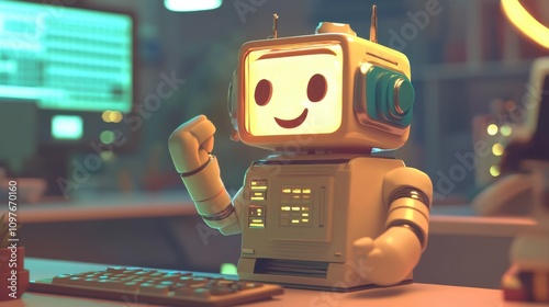 Friendly Robot in Call Center with Glowing Monitor Setup