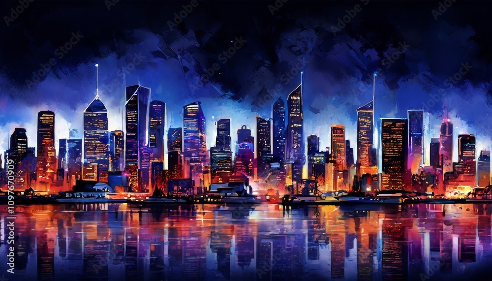 Fototapeta premium A vibrant and colorful city skyline at night, illuminated by glowing lights that reflect on the calm waters below. The modern architecture creates a futuristic and dynamic cityscape.. AI Generation