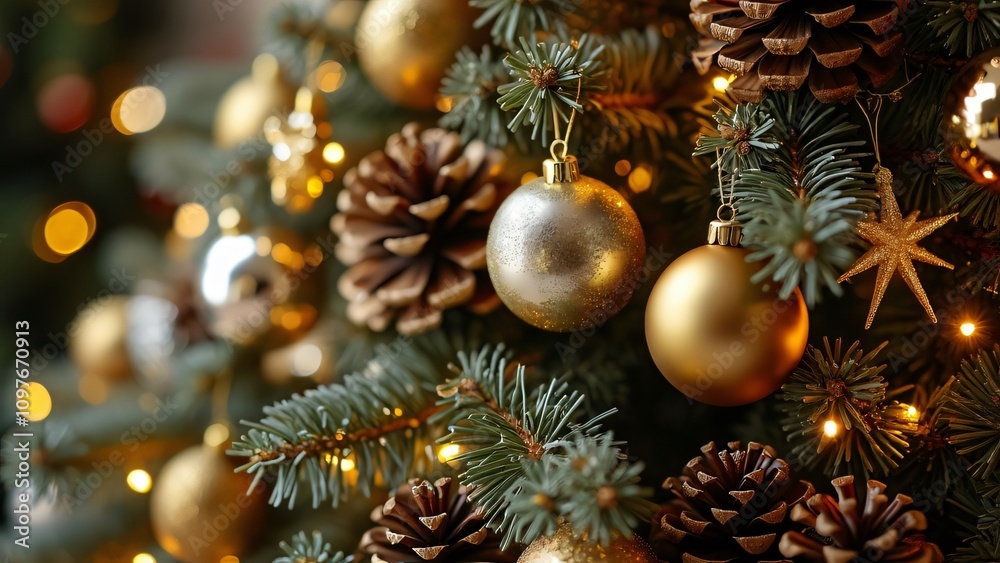 Close-up of Christmas Tree with Gold & Silver Ornaments, Pine Cones, and Lights Close-up of Christmas Tree with Gold & Silver Ornaments, Pine Cones, and Lights