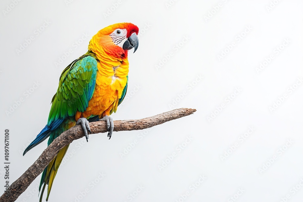 Bright macaw sitting on branch with white background Bright macaw sitting on branch with white background