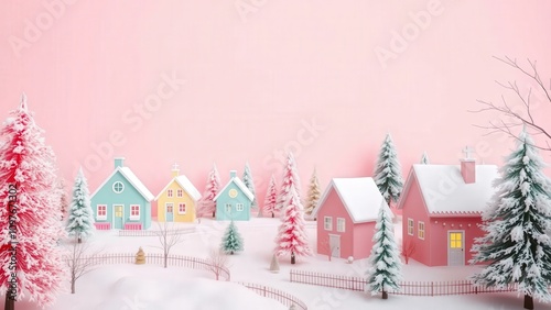 Enchanting Pink Winter Village Scene: Perfect for Holiday Greetings, Home Decor, or Festive Celebrations
