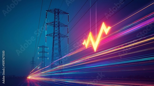 Dramatic image of modern high voltage transmission towers supporting multiple power lines enhanced by an energetic upward arrow glowing with colorful beams on a sleek black backdrop