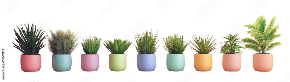 Stylish plant arrangement with ceramic pots in pastel colors, showcasing various greenery that adds fresh and vibrant touch to any space