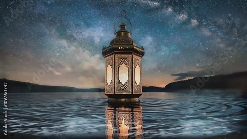 Islamic lantern on the water surface. Greetings Marhaban Ya Ramadhan.