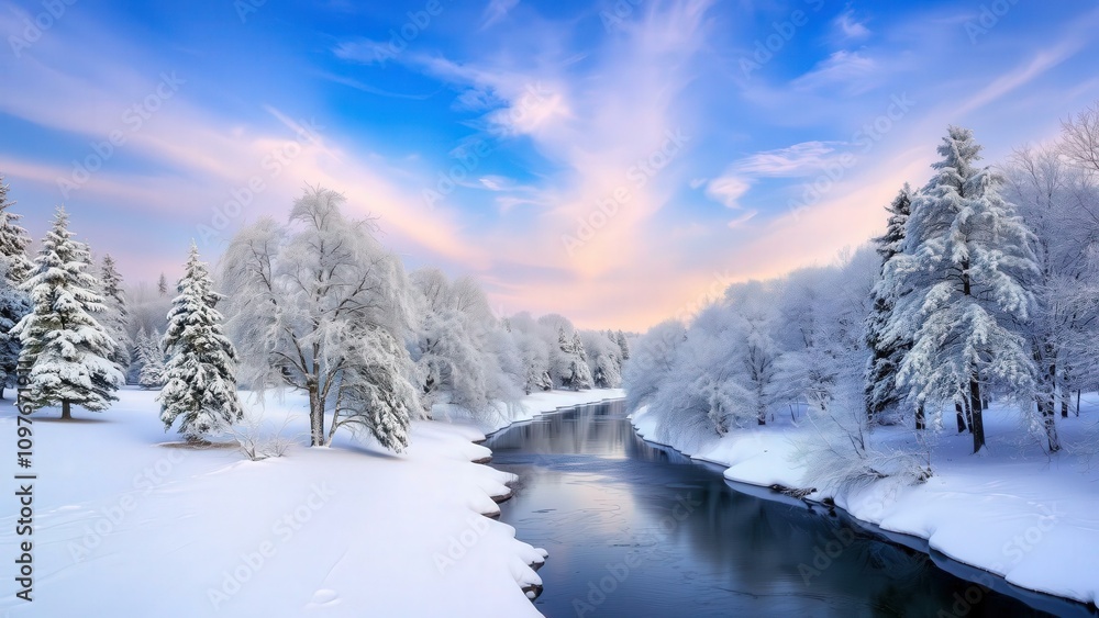 Serene Winter Landscape: Snowy Forest River at Sunset, Perfect for Wall Art or Desktop Background Serene Winter Landscape: Snowy Forest River at Sunset, Perfect for Wall Art or Desktop Background