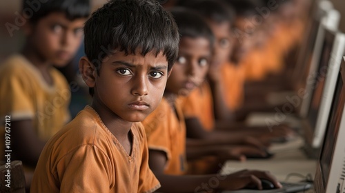A group of young people in a well-equipped classroom compared to children in an underprivileged area with minimal access to computers.