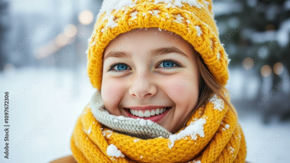 Delightful Winter Portrait of Smiling Girl in Yellow Knit Hat and Scarf, Perfect for Holiday Greetings or Winter Themed Designs Delightful Winter Portrait of Smiling Girl in Yellow Knit Hat and Scarf, Perfect for Holiday Greetings or Winter Themed Designs
