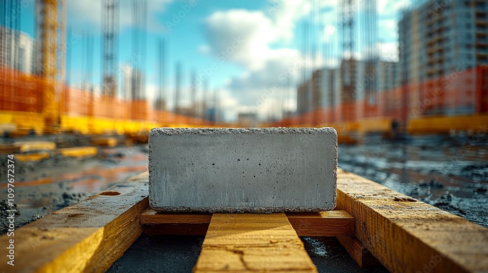 large block of concrete resting on a wooden pallet, symbolizing industrial strength, contrast between raw materials, and the foundation of construction or urban development large block of concrete resting on a wooden pallet, symbolizing industrial strength, contrast between raw materials, and the foundation of construction or urban development