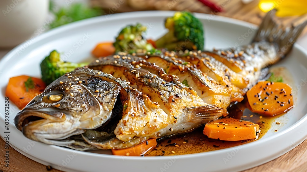 Healthy food made at home for dinner sea fish with carrot broccoli and slice of beetroot in the plate over table Healthy food made at home for dinner sea fish with carrot broccoli and slice of beetroot in the plate over table