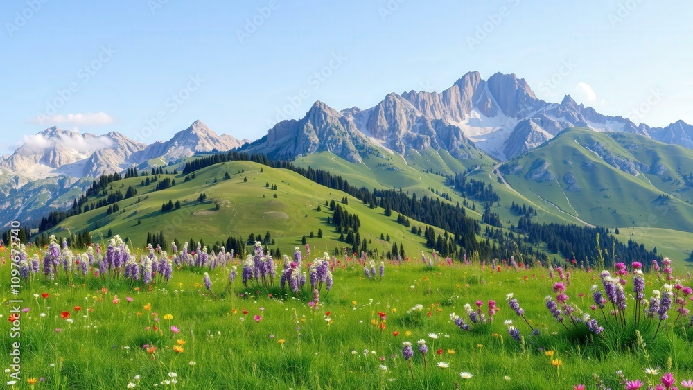 Breathtaking Alpine Meadows Under Snow-Capped Peaks: Perfect for Wall Art or Nature Photography Enthusiasts Breathtaking Alpine Meadows Under Snow-Capped Peaks: Perfect for Wall Art or Nature Photography Enthusiasts