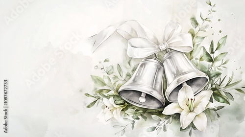 Elegant silver wedding bells in a watercolor style adorned with delicate floral accents of lilies and greenery tied together with a white ribbon for a classic and romantic theme