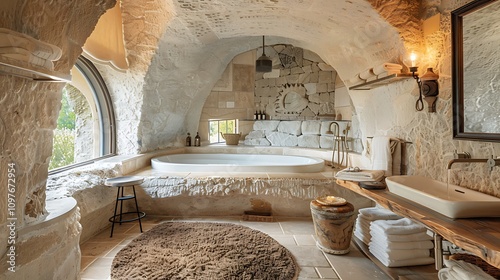 Curved stone bathroom in a guestroom in a former dovecote on a lavender farm photo