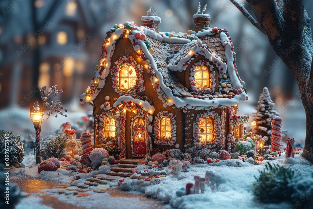 Fototapeta premium A whimsical gingerbread house surrounded by festive decorations, glowing lights and candy details. Generative AI