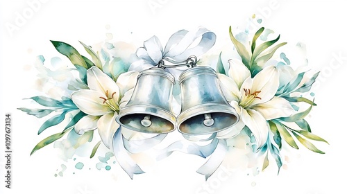 Elegant watercolor showcasing two silver wedding bells with a soft metallic shine surrounded by a beautiful arrangement of white lilies and lush green leaves