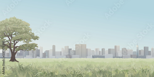 Cityscape view from public park have skyscraper and blue sky background graphic illustration.