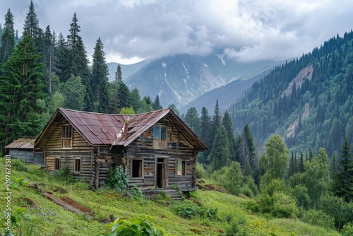 A rustic wooden cabin nestled in a lush green mountain valley, under a cloudy sky.