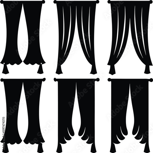 Black and White Curtain Vector Set: Elegant Window Treatment Designs, Drapes, Swags, and Tassels for Interior Decor and Graphic Design Elements