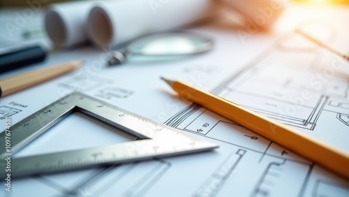 Wallpaper Mural Protractor with pencil for design projects. Architectural blueprints with drafting tools, pencil, magnifying glass, and ruler on the table, symbolizing design precision. Torontodigital.ca