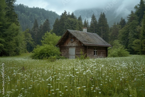 A rustic wooden cabin nestled in a lush green meadow, surrounded by a misty mountain forest.