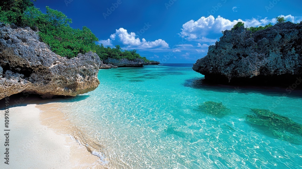 Serene Tropical Beach with Clear Turquoise Water, Lush Greenery, and Rocky Outcrops Under a Bright Blue Sky for Tranquil Seaside Escape or Vacation Imagery Serene Tropical Beach with Clear Turquoise Water, Lush Greenery, and Rocky Outcrops Under a Bright Blue Sky for Tranquil Seaside Escape or Vacation Imagery