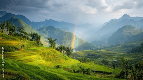 Rainbow Over Lush Green Rice Terraces And Mountains