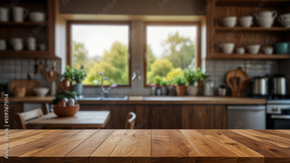 Empty wood table top with kitchen set blurred background for product display Empty wood table top with kitchen set blurred background for product display
