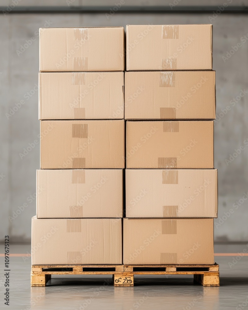 Stacked cardboard boxes on a wooden pallet against a concrete background, representing storage and logistics. Stacked cardboard boxes on a wooden pallet against a concrete background, representing storage and logistics.