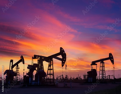 A silhouette of multiple oil pumpjacks operating in an oil field against a vibrant sunset sky photo