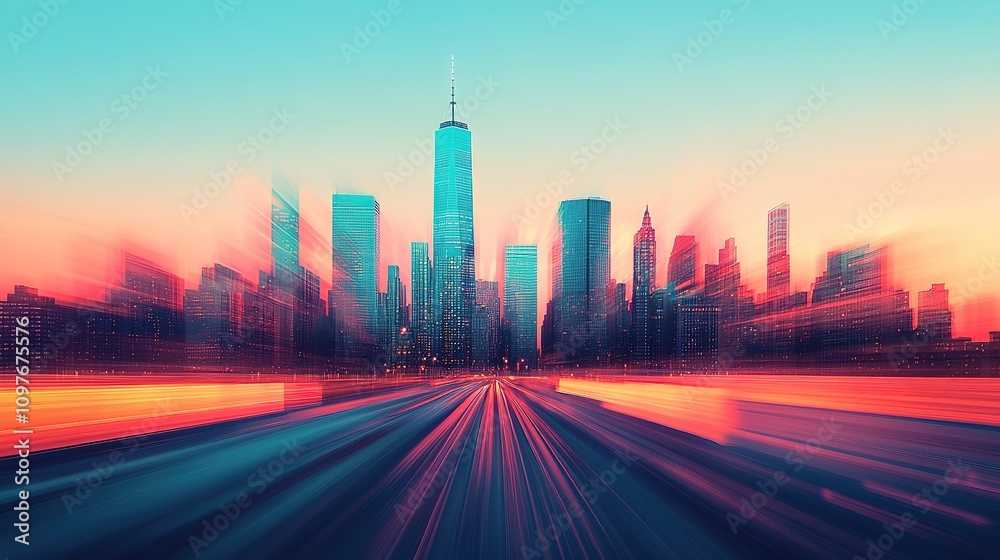 Fototapeta premium A dynamic view of a downtown skyline under a soft evening glow.