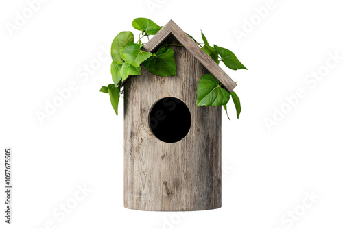 Rustic Cylindrical Wooden Birdhouse with Ivy Leaves on White Background photo