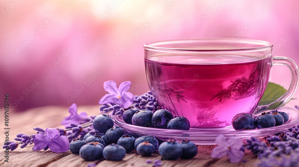 blueberries floating in lavender tea, surrounded by soft, ethereal light, symbolizing calm, purity, and balance in a tranquil, natural setting blueberries floating in lavender tea, surrounded by soft, ethereal light, symbolizing calm, purity, and balance in a tranquil, natural setting