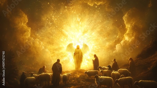 Glowing majestic angel appearing before a group of shepherds and their flock surrounded by radiant divine clouds and warm heavenly light in a tranquil spiritual scene
