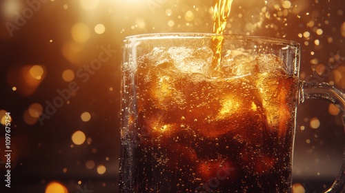 A close-up of a glass mug filled with fizzy dark beverage and ice, capturing a refreshing moment.