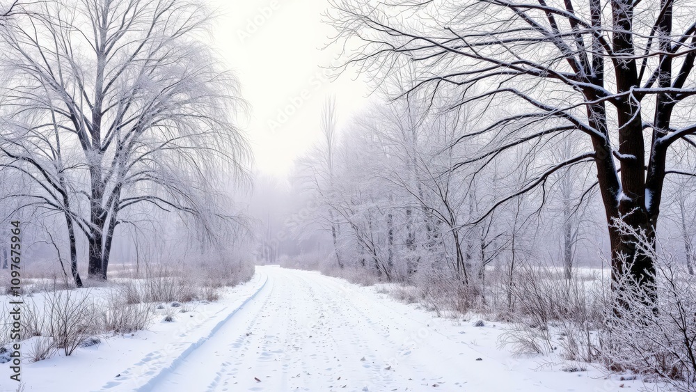 Fototapeta premium Serene Winter Pathway: Capture the Beauty of Snowy Trails and Bare Trees in a Calm, White Landscape