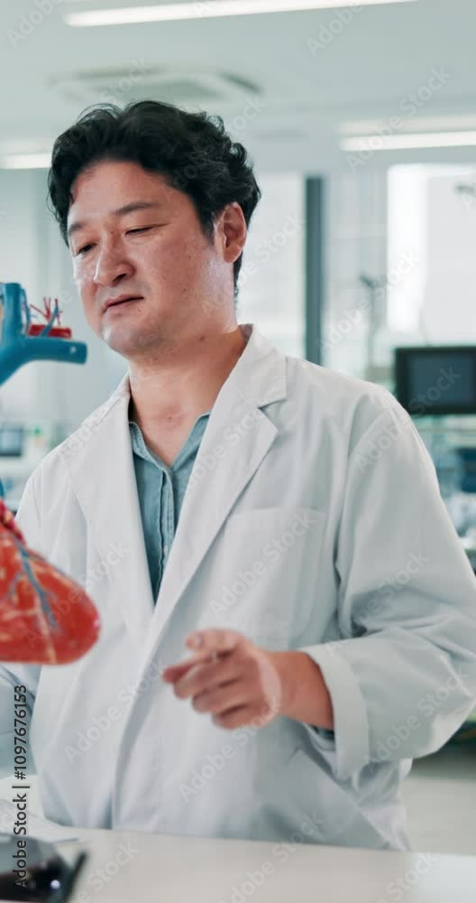 Students, man and doctor pointing at heart model for teaching, learning and advice at healthcare university. Cardiology, anatomy and Japanese medical professor in class for education, notes and study Students, man and doctor pointing at heart model for teaching, learning and advice at healthcare university. Cardiology, anatomy and Japanese medical professor in class for education, notes and study