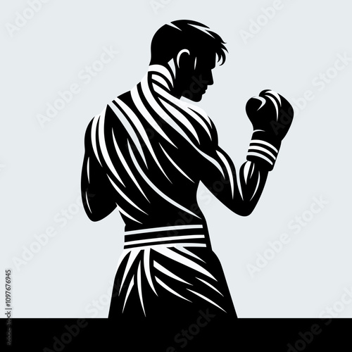 Strong black and white boxer illustration in defensive stance ready for a fight