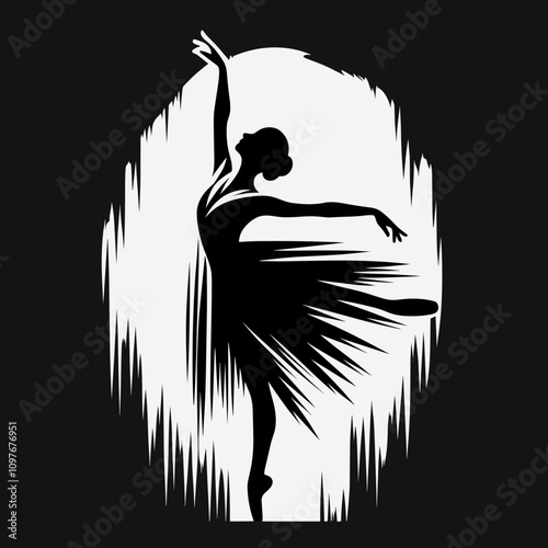 Elegant black and white ballerina illustration in expressive pose with flowing skirt